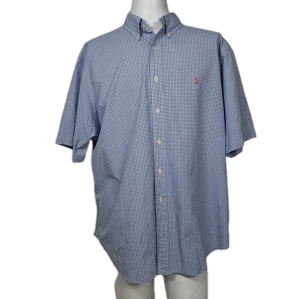 Ralph Lauren Men's Short Sleeve Gingham Blue White XXL Classic Fit